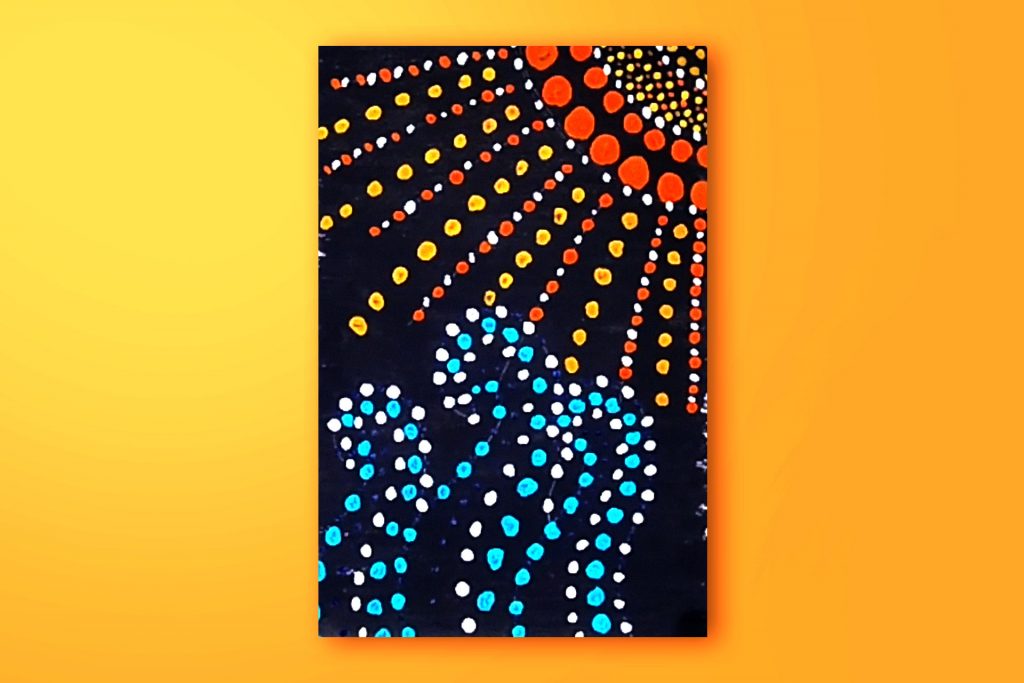 Step-by-step acrylic painting tutorial of sun and waves using the pointilism technique