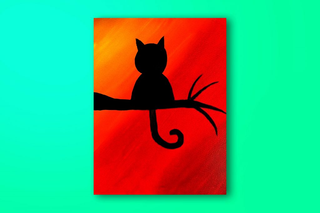 Step-by-step acrylic painting tutorial of a cat during sunset