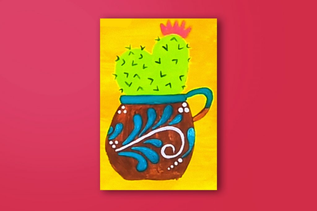 Step-by-step acrylic painting tutorial of a talavera mug with nopal