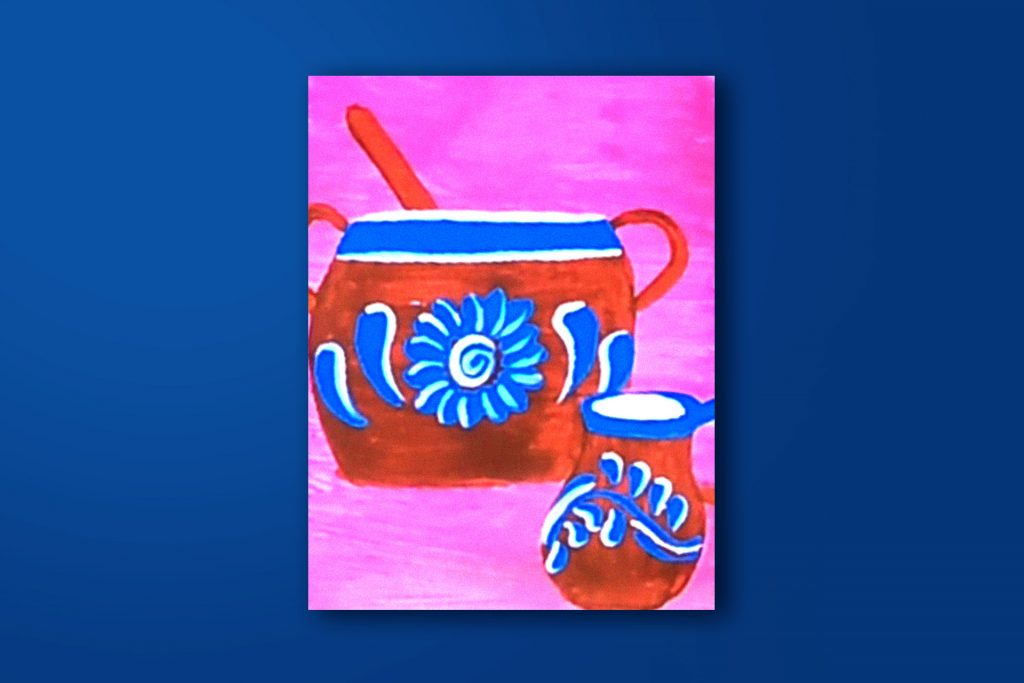 Step-by-step acrylic painting tutorial of a talavera pot and mug