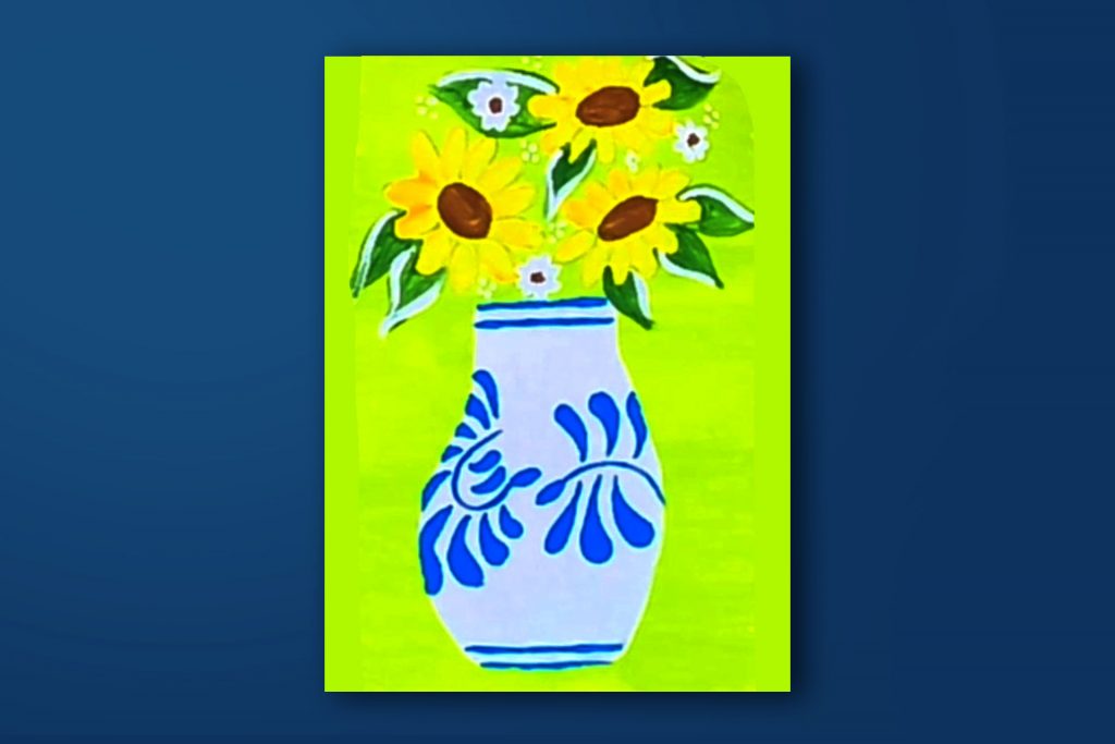 Step-by-step acrylic painting tutorial of a Talavera vase with flowers