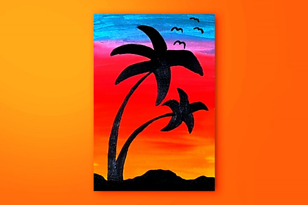 Step-by-step acrylic painting tutorial of a tropical sunset
