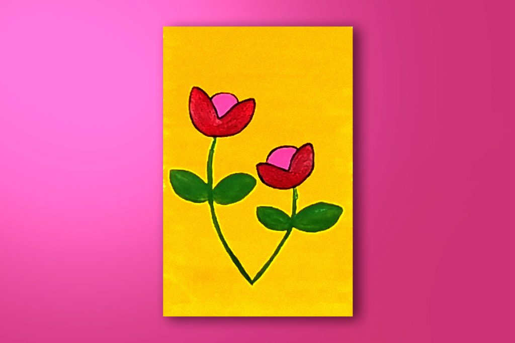 Step-by-step acrylic painting tutorial of two red tulips