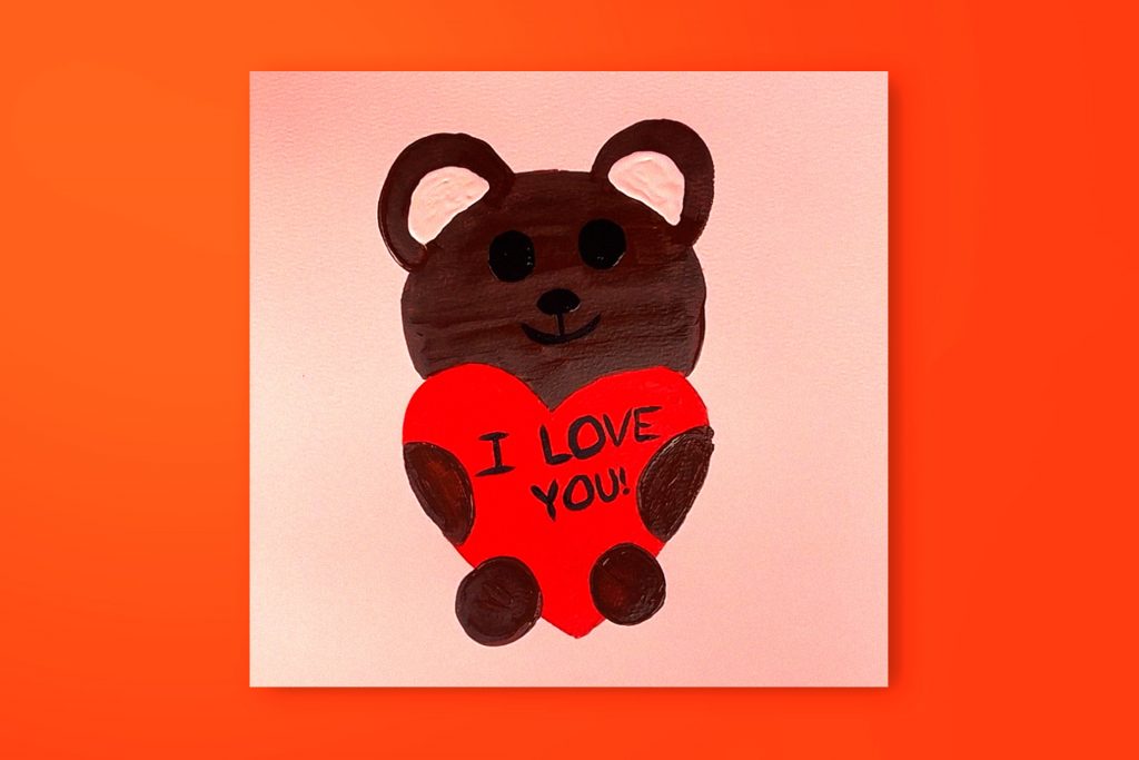 Step-by-step acrylic painting tutorial of a Valentine's Day bear holding a heart