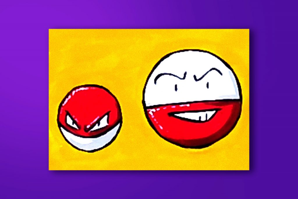 Step-by-step acrylic painting tutorial of Voltorb and Electrode