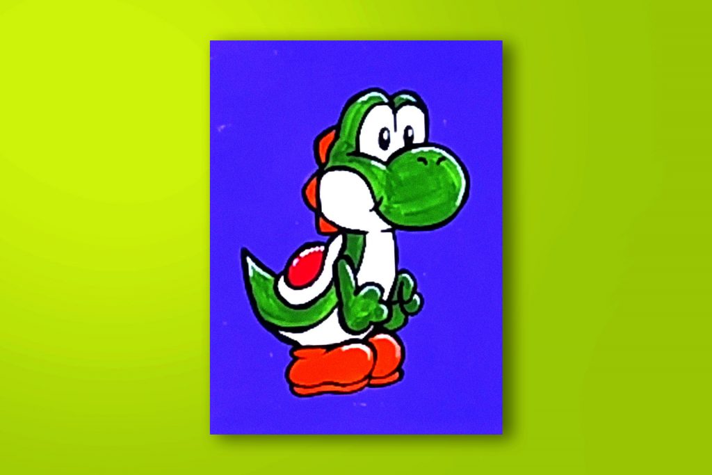 Step-by-step acrylic painting tutorial of Yoshi from Super Smash Bros